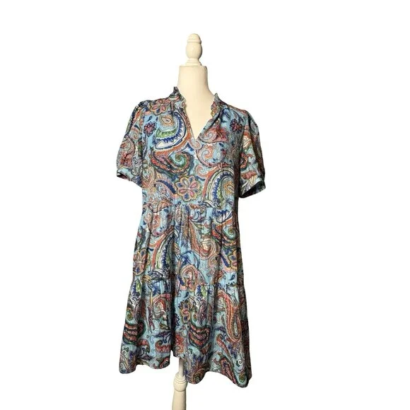 JADE Paisley Boho Babydoll Dress Blue Multicolor Size L EUC! - Picture 2 of 8